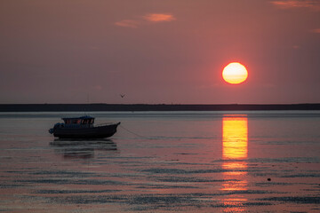 Wall Mural - Boat on Cook Inlet Tide Flats at Low Tide, Sunrise