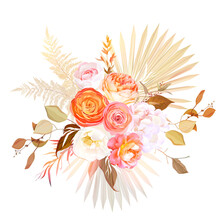 Trendy Dried Palm Leaves, Blush Pink Rose, Orange Ranunculus, White Hydrangea, Pampas Grass