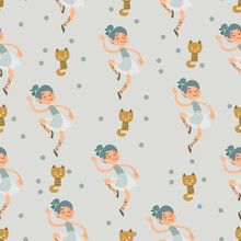 Seamless Pattern With Cartoon Cute Ballerinas And Cats On A Gray Background. Children S Drawing Hand-drawn With Kittens And Little Girls In The Style Of Scandinavian Minimalism. Vector Illustration