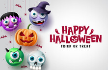 Halloween Character Vector Background Design. Happy Halloween Trick Or Treat Text In White Space With Hanging Scary Pumpkin, Skull, And Witch Horror Characters. Vector Illustration.
