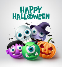 Halloween Character Vector Design. Happy Halloween Text With Scary Pumpkin, Skull, Witch And Cyclops Horror Characters Background. Vector Illustration.
