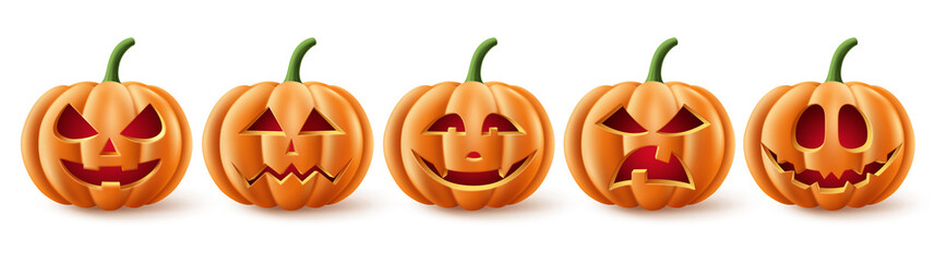 Halloween pumpkins vector set. Halloween pumpkin element collection in spooky, scary and creepy with facial expressions for icons and decorations isolated in white background. Vector illustration.
