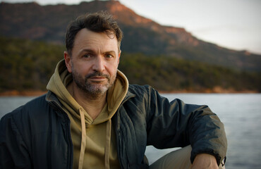 handsome middle aged man sitting by the sea in the evening with mountains in the background. the haz