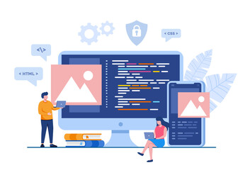 Wall Mural - web development. programming languages. css, html, it, ui. programmer cartoon character developing w