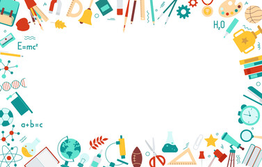 banner template with school supplies frame. concept for back to school, stationery sale. pen, globe,