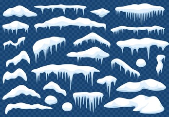 Cartoon snow caps. Snowdrift, pile of snow, snowball, roof or window snowcap with icicles. Winter christmas snowy decoration element vector set. Fluffy and frosty tops for winter season