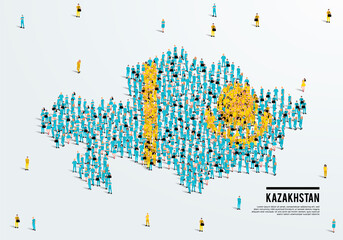 Kazakhstan Map and Flag. A large group of people in the Kazakhstan flag color form to create the map. Vector Illustration.