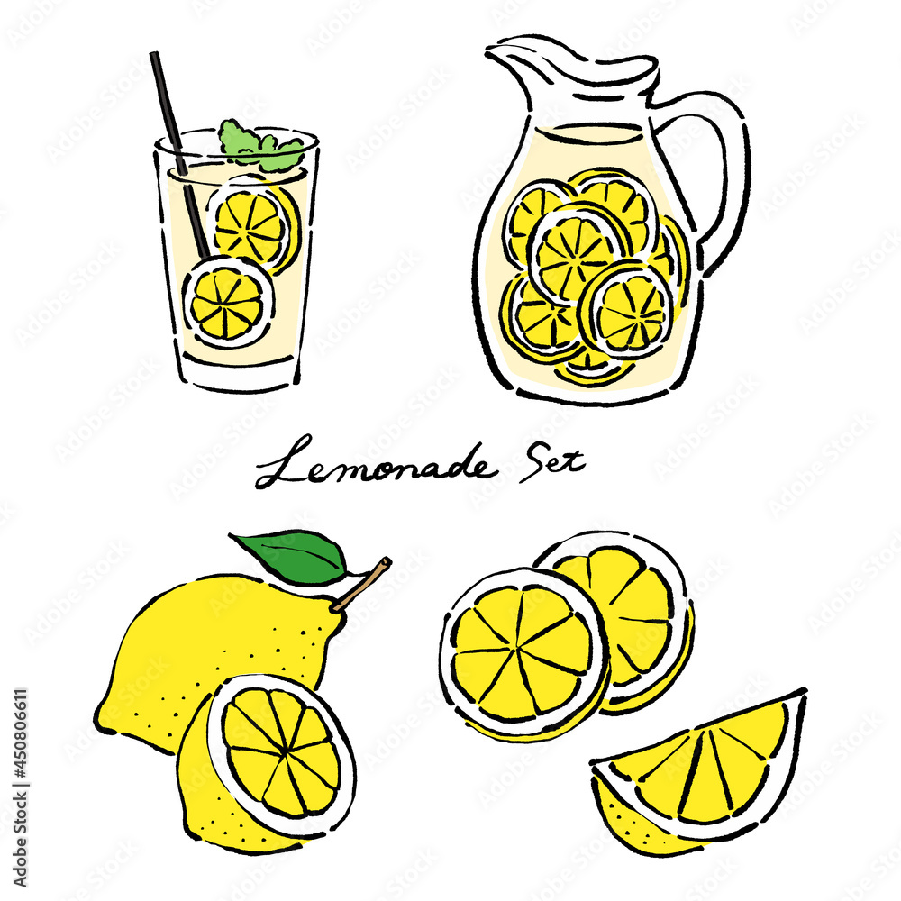 墨絵風のレモンとレモネードのベクターイラストのセット Stock Vector