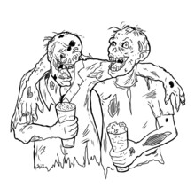 Zombie Friends Hug Each Other And Drink Beer. Vector Illustration