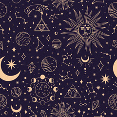 astrology seamless pattern with constellations, planets and stars. space galaxy, starry night textil
