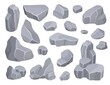 Cartoon rock stones, gray mountain cliffs and boulders. Various sizes rocks formation, mineral debris, broken concrete pile vector set. Natural blocks for architectural construction and design