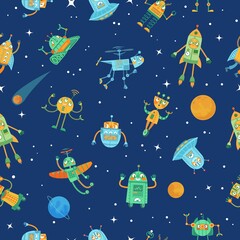  Seamless Space Robots Pattern Cute Robot Space With Stars Planets Colourful Funny Robots Cartoon Illustration