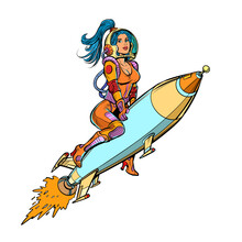 Pin Up Girl Astronaut On Rocket. Outer Space, Science Fiction