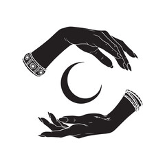 Poster - Hand drawn female witch hands holding crescent moon. Flash tattoo, sticker, patch or print design vector illustration.