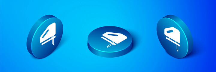 Isometric Electric jigsaw with steel sharp blade icon isolated on blue background. Power tool for woodwork. Blue circle button. Vector