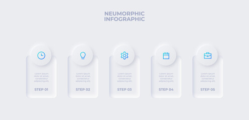 Neumorphic infographic design template. Five banners in horizontal row with circles. Concept of 5 steps of business development process
