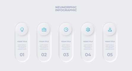 Data visualization for presentation in neumorphism style. Infographic elements. Business concept with 5 options. Timeline development process