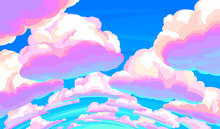Pink And Purple Clouds In Blue Sky.