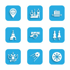 Sticker - Set Cannon, Satellite, Snowflake, Christmas tree, National emblem of Russia, The Tsar bell, Medovik and Location icon. Vector