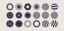 Flower Icon Set. 3D Geometric Striped Rounded Shape. Sphere. Abstract Graphic Design Elements For Print Or Design. Optical Art. Vector Illustration.