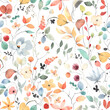 © Nikole - Colorful seamless floral pattern with abstract flowers, leaves and berries. Watercolor print in rustic vintage style, textile or wallpapers in provence style isolated on white background.