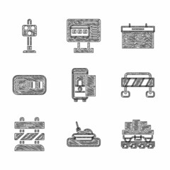 Wall Mural - Set Toilet in the train car, Plate with food, Cargo wagon, Road barrier, End of railway tracks, Electrical outlet, Train station board and traffic light icon. Vector