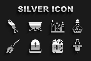 Sticker - Set Tombstone with RIP written, Bottle potion, Scarecrow, Witches broom, Burning candle, Zombie finger and Halloween witch cauldron icon. Vector