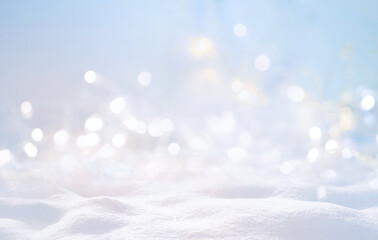 Wall Mural - festive christmas natural snowy background, abstract empty stage, snow, snowdrift and defocused chri