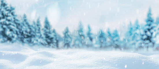 Wall Mural - beautiful winter background of snow and blurred forest in background, gently falling snow flakes aga