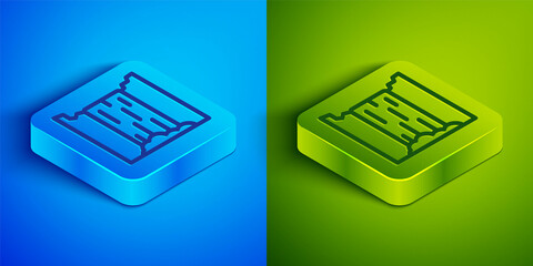 Poster - Isometric line Waterfall icon isolated on blue and green background. Square button. Vector