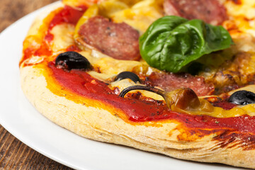 Canvas Print - closeup of a pizza with a basil leaf