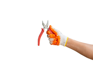 A worker wearing white and orange gloves holding red pliers.