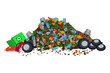 Pile of garbage isolated on white background. Big dump with of trash and rubbish.Waste recycling.City landfill with heap of household waste and junk.Organic and plastic dirty stack.Vector illustration