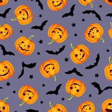 Vector Halloween Seamless Pattern With Jack-o-lanterns (pumpkins), Bats, And Stars On A Purple Background.