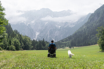 Wall Mural - Disabled man on wheelchair with his dog on a trip in nature.