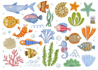 Cute watercolor set of cartoon underwater ocean sea animals.