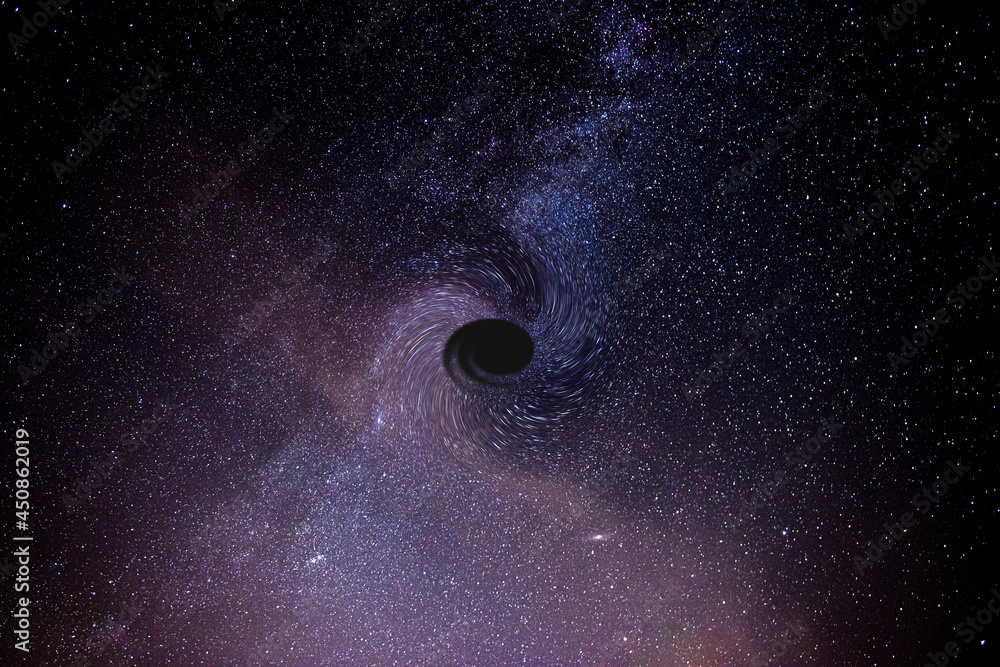 Fotografia nocnego nieba, ilustrująca obecność i działanie czarnej dziury na pobliską galaktykę. - obrazy, fototapety, plakaty 