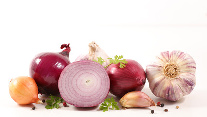 Wall Mural - garlic and onion bulb on white background