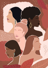 Wall Mural - women of different ethnic groups together in autumn. modern flat illustration with fall  leaves and various faces for poster, banner or postcard.