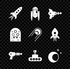 Sticker - Set Rocket ship with fire, Robot, Ray gun, Mars rover, Moon and stars, Alien and Satellite icon. Vector