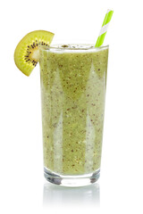 Wall Mural - Green smoothie fruit juice drink kiwi in a glass isolated on white