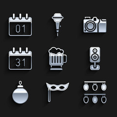 Sticker - Set Wooden beer mug, Festive mask, Christmas lights, Stereo speaker, ball, Calendar, Photo camera and icon. Vector