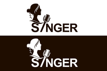 icons with singing woman and microphone isolated on white and black background