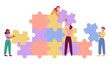 Young male and female characters are assembling giant jigsaw puzzle together. Concept of teamwork and employee cooperation. Colleagues supporting each other. Flat cartoon vector illustration