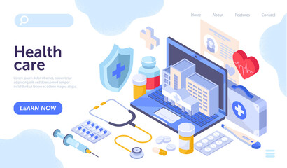 Doctors workplace surrounded by essential hospital elements. Modern digital medical services for remote health care. Website, web page, landing page template. Isometric cartoon vector illustration.