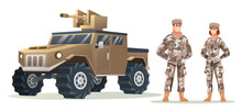 Man And Woman Army Soldier Characters With Military Vehicle Cartoon Illustration