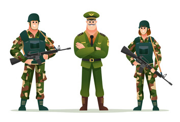 Wall Mural - Army captain with man and woman soldiers holding weapon guns character set