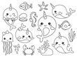 Cute outline narwhal and other sea animals vector illustration with live stroke.