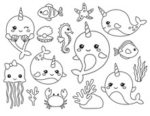 Cute Outline Narwhal And Other Sea Animals Vector Illustration With Live Stroke.