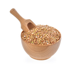 Wall Mural - buckwheat seeds in wood bowl on white background